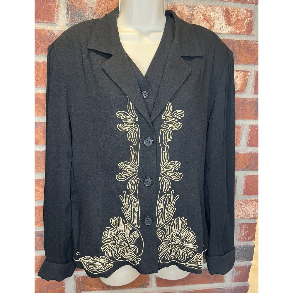 VTG Karen Kane 2 Piece Blazer Vest Set 12 M Black Gold Embroidered Western USA